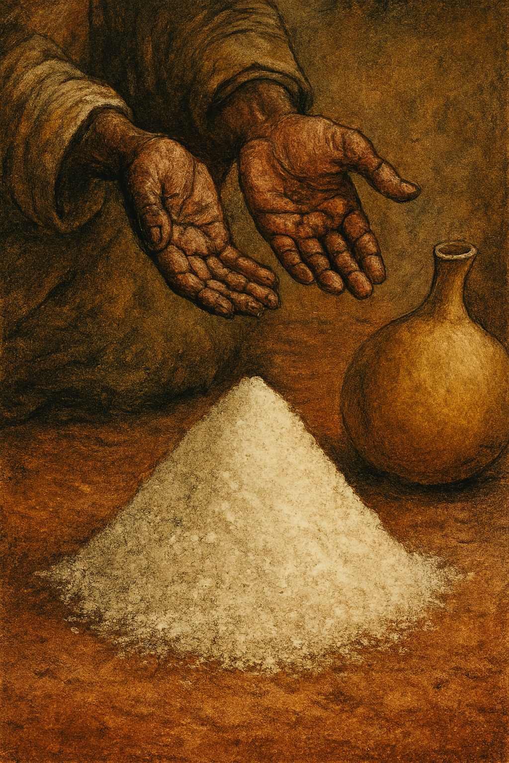 Illustration de mains en geste d'offrande au-dessus d'un tas de sel avec un canari d'eau à côté